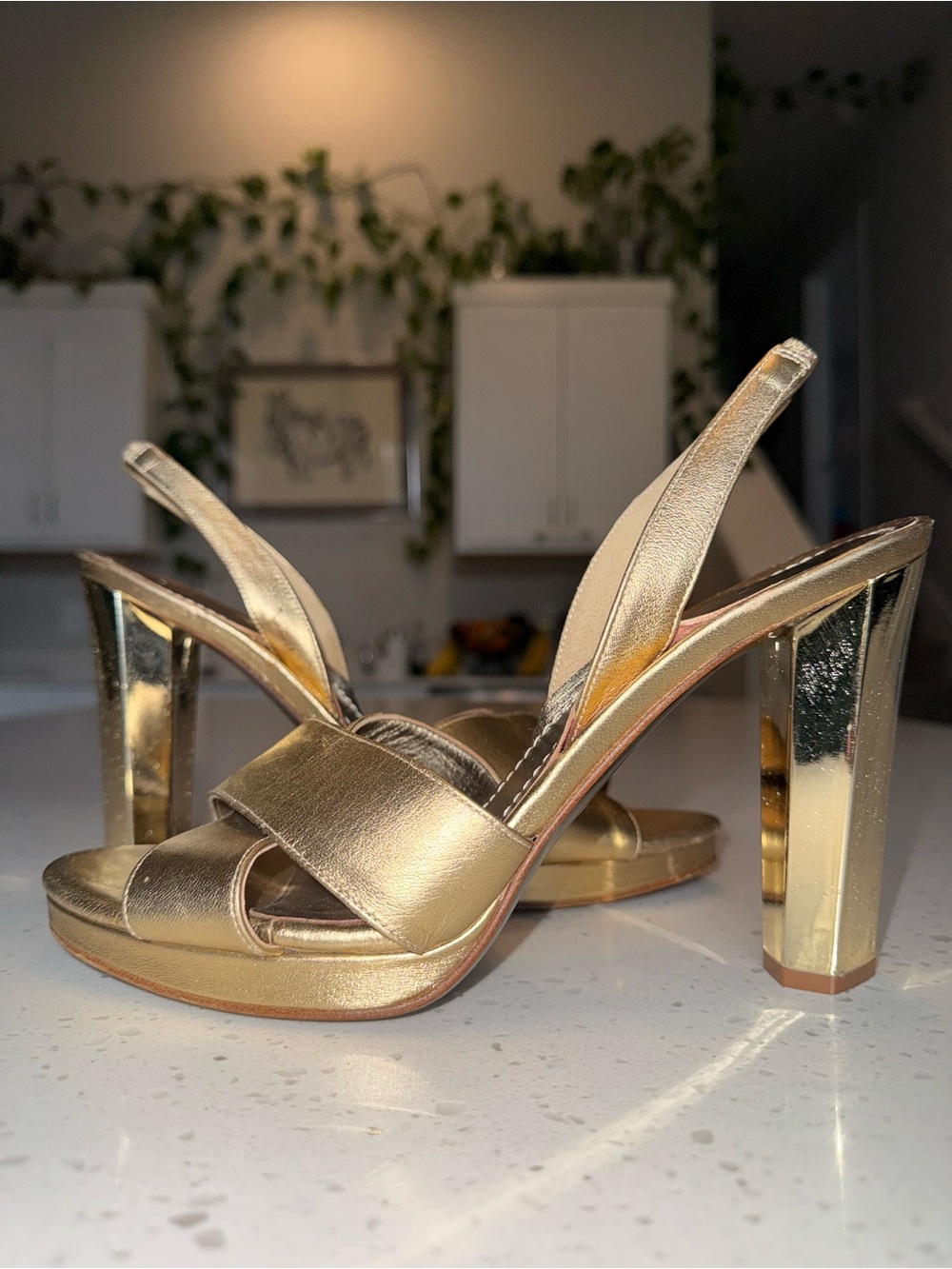 Diane Von Furstenberg Metallic Gold Crisscross Slingback Heels - Picture 3 of 11